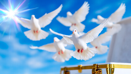 Doves soar in blue skies. White doves take flight from a golden box against a bright blue sky, symbolizing peace and freedom.