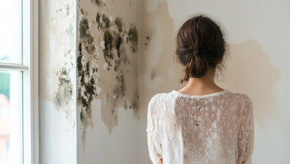 Woman examining wall damage in her home. A young woman stands in her home, observing significant wall damage from mold in a residential setting.