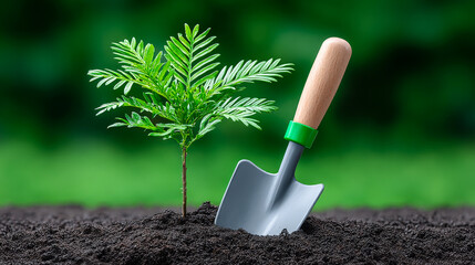 Small tree planting in a lush garden. A young tree is planted in dark soil, with a small gardening shovel beside it in a vibrant green garden setting.