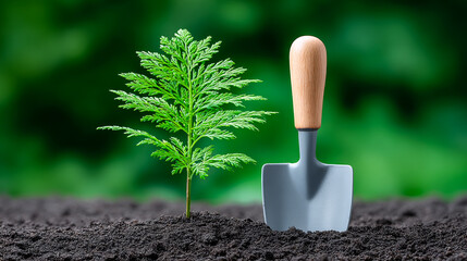 Growing a plant with a trowel. A young green plant is emerging from dark soil beside a garden trowel amidst a blurred green backdrop.