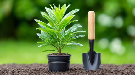 Gardening activity with plant and trowel. A small potted plant stands beside a hand trowel on rich soil in a lush garden setting during daylight.