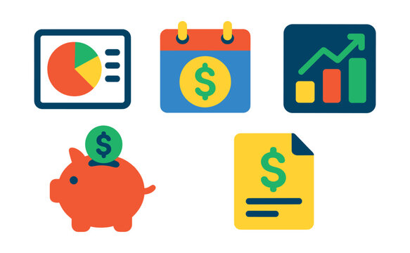 Flat vector icons of financial overview tools: spending chart, monthly budget, income tracker, savings goal, balance update.