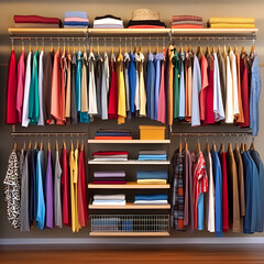 A closet that is a modern design. The closet includes clothing for ages. Categories of clothing are business casual, casual, workout clothing, jeans. Female clothing can included dresses
