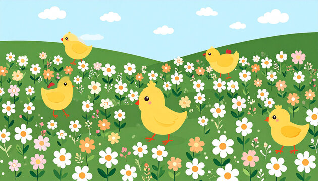Five cheerful yellow chicks frolic amidst a vibrant field of daisies and wildflowers on a sunny day, nestled amongst rolling green hills under a bright blue sky