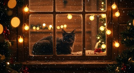 Cute gray cat by a snowy window decorated with christmas lights