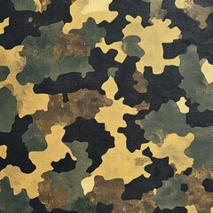 Camouflage pattern in muted tones of gold, olive green, and brown on a black background