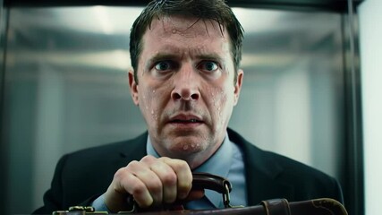 A man in formal attire stands nervously in an elevator, clutching a briefcase tightly. Sweat drips down his forehead as he looks around in worry, showcasing his anxious state