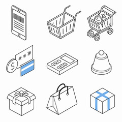 Isometric Shopping Icons Cart, Payment, Gift, and More