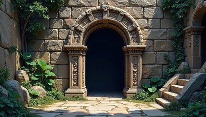 Naklejka premium Intricate stone archway, ornate detailing, mystical portal entrance, ancient architecture Perfect for fantasy, game design, or architectural history projects , carved, intricate