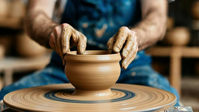 Potter's Hands: A skilled potter's hands meticulously shape a clay pot on a spinning wheel, showcasing the artistry and dedication involved in crafting pottery. 