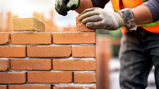 Bricklayer laying brick on a construction site: A skilled bricklayer, wearing protective gloves and vest, carefully lays red bricks on a construction site, showcasing craftsmanship in the making.