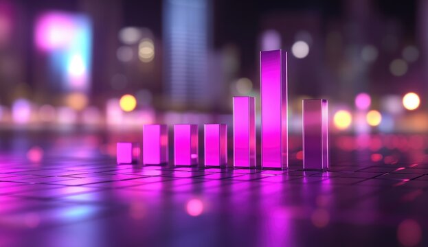 Purple bar graph against city lights - Powered by Adobe