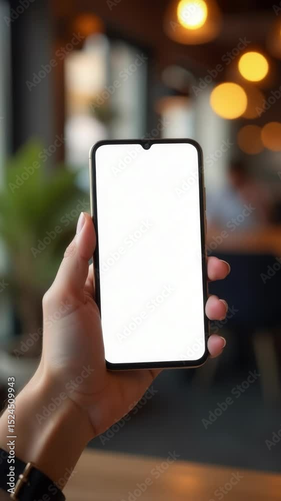 Poster a person holding a cell phone with a white screen, suitable for various digital-related concepts and