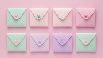 Pastel envelopes arranged in a grid pattern on a pink background.  Each envelope has a small button