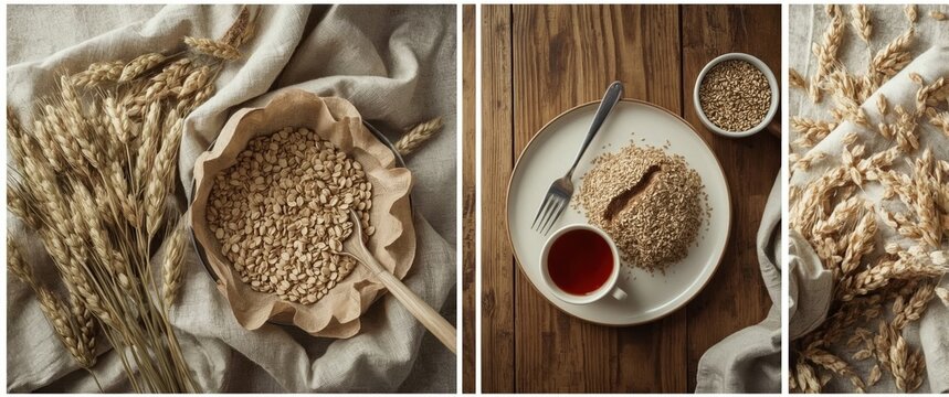 A triptych showcases various aspects of whole grains: wheat stalks on linen, a bowl of oats with a wooden spoon, and a baked good with tea. Whole Grains Month