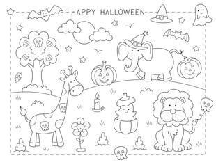 fun animal themed Halloween coloring page. Letter paper size (8.5x 11 inches) printable sheet