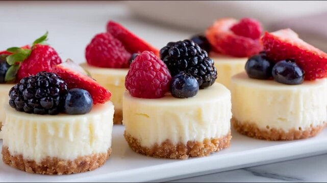 Mini cheesecake with fresh berry topping in a row.