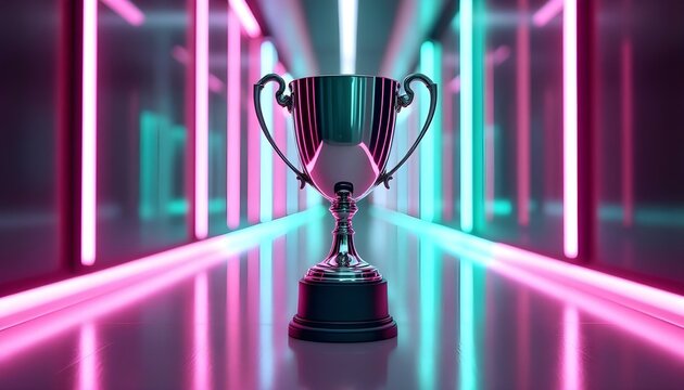 Silver Trophy Against Neon Lights A Symbol of Victory and Success