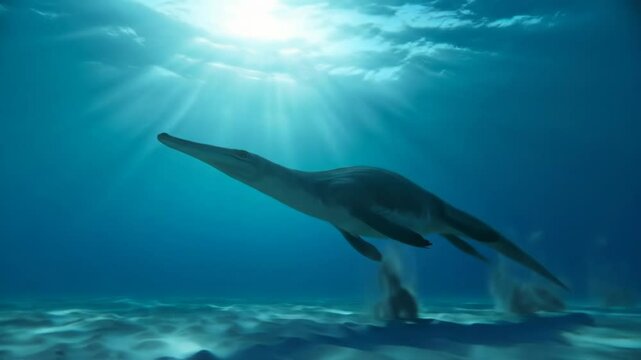 An ancient marine predator swims gracefully in a vibrant ocean setting, illuminated by beams of sunlight filtering through the water surface