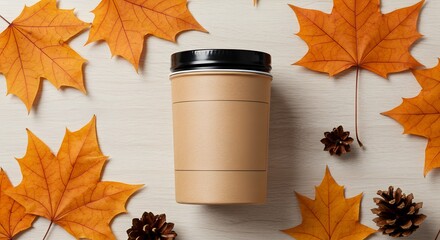 Autumn Coffee Cup Mockup with Maple Leaves and Pine Cones on Wooden Background