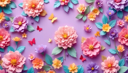 Pastel Floral Arrangement with Paper Flowers and Butterflies on Purple Background