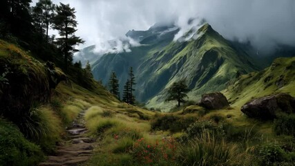 Majestic green mountain peaks shrouded in fog, view of a hiking trail through a lush valley, with scattered rocks and alpine trees - Powered by Adobe