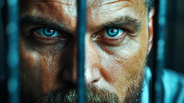Imprisoned gaze: Captivating close-up of a man behind bars, his striking blue eyes convey a complex mix of confinement and resolve, evoking a powerful sense of struggle. 