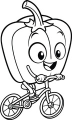 Fototapeta premium Adorable sweet pepper on bicycle coloring page