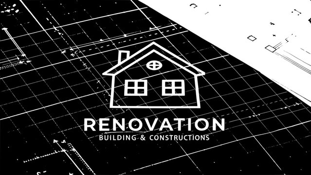 A stylized construction logo with a flat, orange house diagram centered inside a black grid matrix. Beneath the house, the brand name "RENOVATION" is bold and professional, followed by "BUILDING & CON