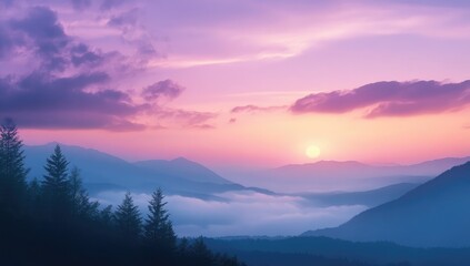 Obraz premium Sunrise over misty mountain range. Silhouette trees at foreground. Pastel colors