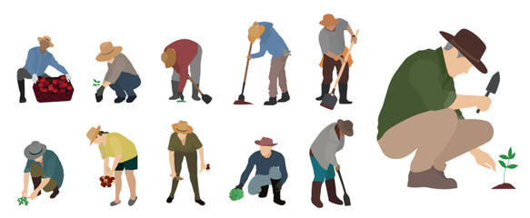 working on the farm, men and women farmers in activity. set of people in drawing for architecture and landscaping. cad material