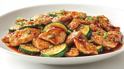 A vibrant and mouth-watering presentation of aChicken Zucchini Stir-Fry with Soy Sauce** dish