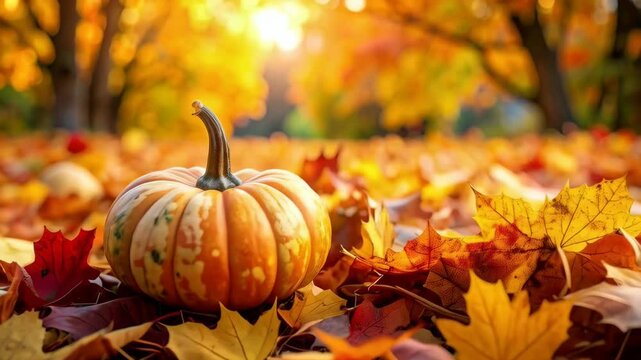 Autumn seasonal scenery featuring a pumpkin with fall leaves on the ground with soft, warm sunlight, creating a cozy, autumnal scene in a natural setting