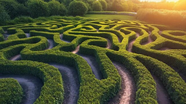 Aerial View of a Beautifully Manicured Green Maze on a Sunny Day, Nature Concept