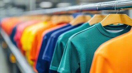 Fototapeta premium Colorful T-shirts neatly hanging on wooden hangers in a clothing store display.
