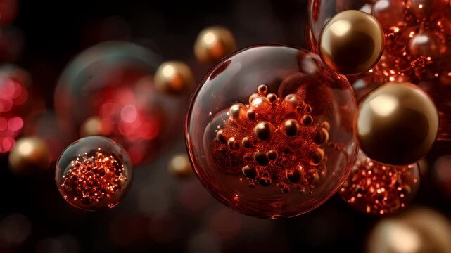 Artistic representation of red, textured spheres encapsulated within transparent bubble structures and gold spheres against a dark backdrop.