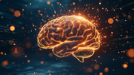 Fototapeta premium A human brain illuminated with sparks, symbolizing intelligence, creativity, and neural activity on dark background