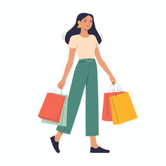 Happy woman walking with colorful shopping bags after retail therapy girl flat style pants sales young modern