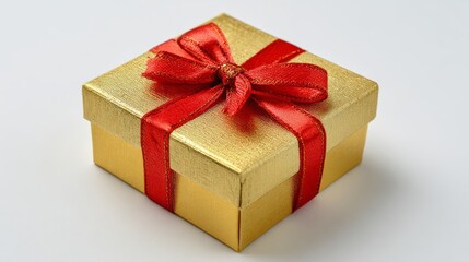 Fototapeta premium Golden gift box with red ribbon bow, symbolizing luxury and celebration 