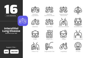 Interstitial Lung Disease ILD Symptoms Icon Set Collection -Outline Line Art Style. Containing Asbestosis, Breathlessness, Chest Discomfort, Chest X Ray, COP, Cough, CT Scan, Fatigue, Hypersensitivity