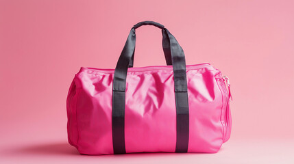 A stylish pink gym bag with handles and a shoulder strap, isolated on a pink background