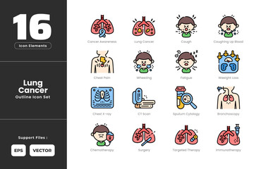 Lung Cancer Symptoms Icon Set Collection - Outline Line Art Style. Contain Bronchoscopy, Lung, Cancer, Awareness, Chemotherapy, Chest, Pain, Xray, Cough, Hemoptysis, CT, Scan, Fatigue, Immunotherapy.