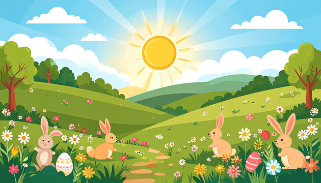 Sunny spring hillscape with four bunnies and Easter eggs nestled amongst wildflowers, a path meandering through the vibrant landscape under a bright sun
