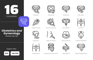 Obstetrics and Gynecology Symptoms Icon Set Collection - Outline Line Art Style. Containing Abortion, Artificial, Fertilization, Cancer, Screening, Cesarian, Section, Checkup, Fetal, Ultrasound.