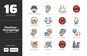 Otorhinolarynology Symptoms Icon Set Collection - Outline Line Art Style. Containing Adenoiditis, Bacteria, Deafness, Ear, Endoscopy, Medicine, Nasal, Polyps, Nose, Otitis, Otorhinolaryngology.