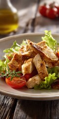 Delicious Grilled Chicken Salad with Fresh Vegetables and Olive Oil Dressing