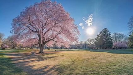 Obraz premium Spring blossoms in a park. Lush pink cherry blossoms fill the foreground, a large tree dominates the scene. A grassy park stretches out, bathed in sunlight