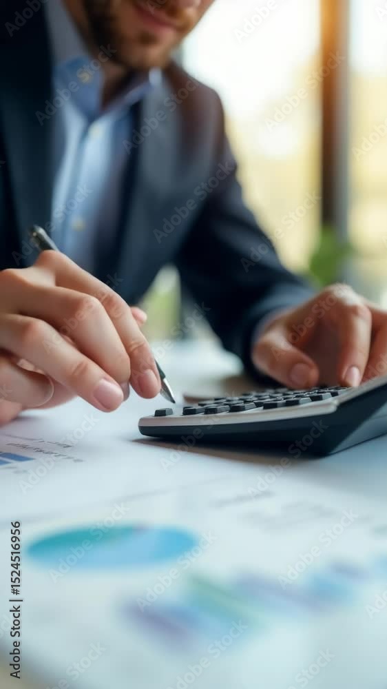 Poster Close-up of a person using a calculator for calculations and budgeting