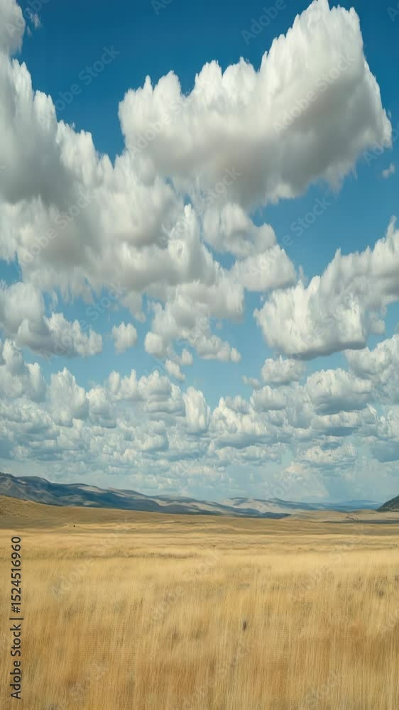 Poster a serene landscape featuring a lush green field and a cloudy sky, perfect for use in editorial or co
