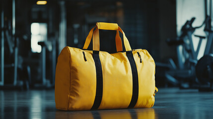 A stylish yellow gym bag with handles and a shoulder strap, 
